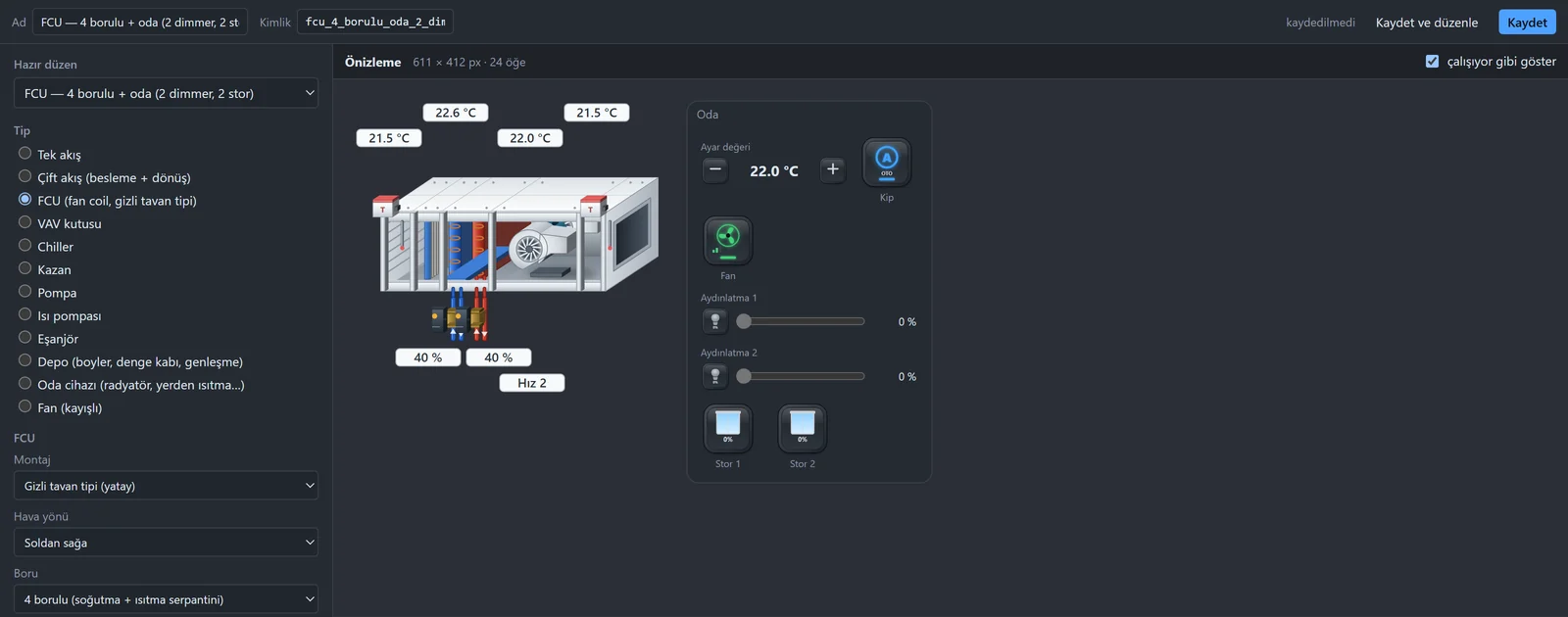 FCU — with a room panel: setpoint, mode, fan, dimmers, blinds